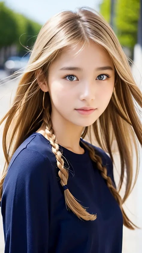 Sexy big 、Sexy cute looks and cute 15 year old beautiful girl, Beautiful and sexy face、A strong wind blows my hair in front of my face、Beautiful long blonde French braided hair、Beautiful, cute and sexy eyes hidden by long bangs