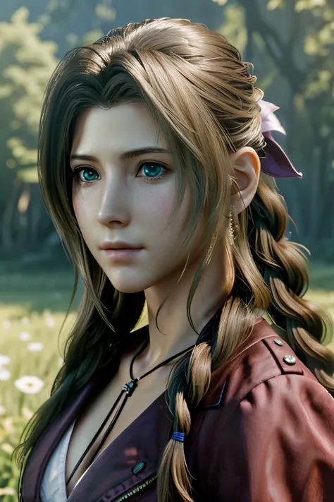 ((ultra detailed, masterpiece, Best Quality))
 FF7Aerith, 1 girl, Alone, simple braid, blue eyes, by rubio , 