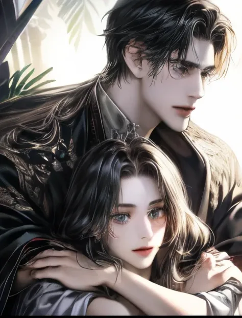 Two men and women　Woman Black Hair Blue Eyes Anime