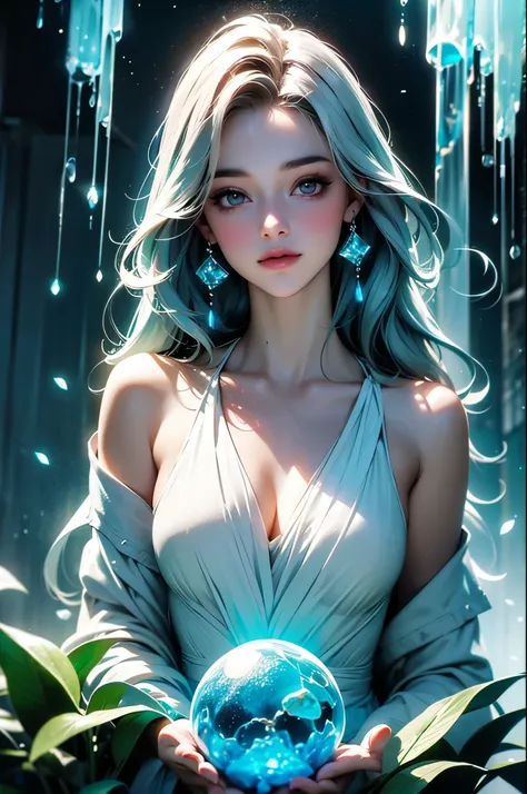 ultra-detailed half body photo of a young women merging with the bioluminescent environment, inside a sparkling blooming overgrown geode, waterfal, misty, she ral-dissolve into particles, waving gossamer crystals made of ral-crztlgls, she glows with an eth...