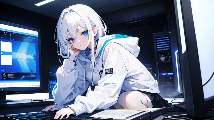 25 years old anime lady with white hair and blue eyes wearing white hoodie and black skirt in. huging knees sad in front of a gaming computer that stream youtube. made this picture for the cover of an idol song single. make it dreamy vibes