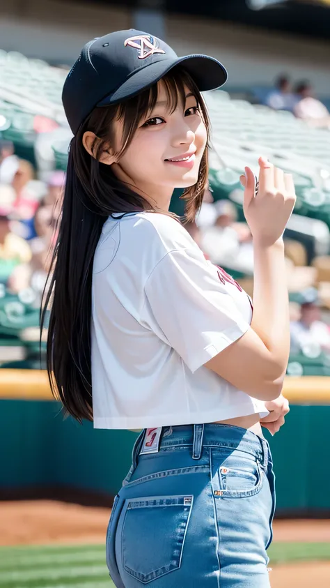 Create an ultra-realistic image of a 21-year-old Japanese woman named Kotone attending a baseball game. She has extremely long, perfectly straight black hair that flows down to her waist, with blunt bangs that cover her forehead. Her eyes are large and hav...