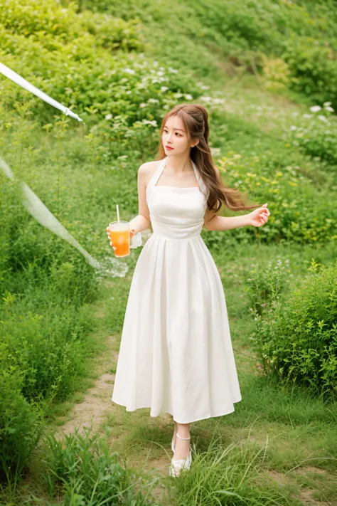 there is a woman in a white dress holding a drink and a kite, romantic dress, beautiful long white dress, flowing white dress, long white dress, ancient white dress, elegant white dress, white hanfu, full body white dress, wearing ivory colour dress, weari...