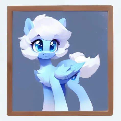 rating_safe, score_9, fluffy, feral pegasus pony,Bad，round cute face,very (((lightblue body))), (((white short hair))) Smooth and fine semi-long bristles，Gentle and clear light blue eyes，Gentle smile。Soft tones。whole body，Standing。Standing picture。White ba...