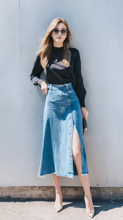 ((Highest quality, 8k, masterpiece:1.3、real:1.3))、Beautiful woman、snapshot、full body、sunglasses、City、Denim long slit skirt、In front of the wall