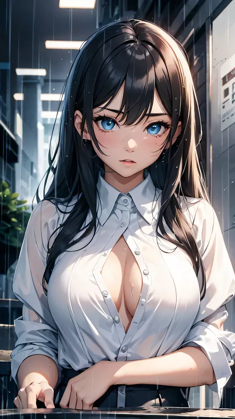 最high quality、Best image quality、masterpiece、With a girl((cute、16 years old、Best Bust、Medium Bust、Beautiful Blue Eyes、Spread your chest wide,Black Hair、Disheveled Hair、thin、Highest Valley、white open Y shirt,Black trousers、Teary whole body is wet、cry)）high ...