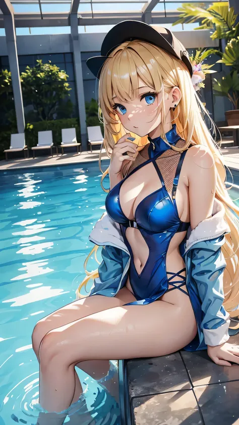 最high quality、Best image quality、masterpiece、With a girl((cute、16 years old、Best Bust、Medium Bust、Beautiful Blue Eyes、Spread your chest wide,blonde、thin、Highest Valley、Blue dress bikini,Show your whole body、Blue Mesh,swim,Embarrassed face、shame、Random Paus...