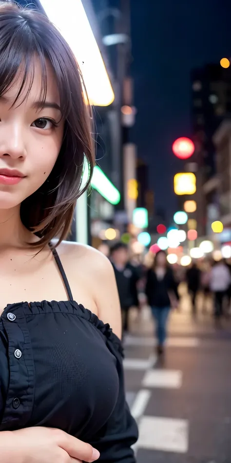 1 girl, Tokyo Street,night, Streetscape,City lights,Upper Body,close,smile,, (8k, RAW Photos, Highest quality, masterpiece:1.2),(Realistic, photo-Realistic:1.37),