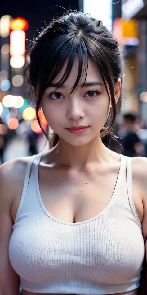 1 girl, Tokyo Street,night, Streetscape,City lights,Upper Body,close,smile,, (8k, RAW Photos, Highest quality, masterpiece:1.2),(Realistic, photo-Realistic:1.37),