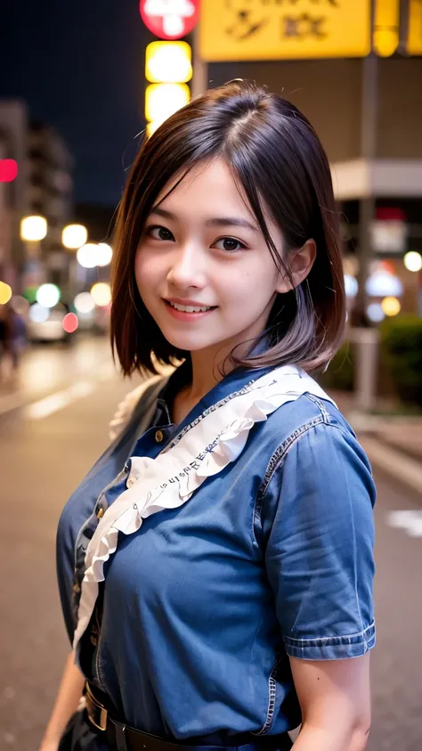 1 girl, Tokyo Street,night, Streetscape,City lights,Upper Body,close,smile,, (8k, RAW Photos, Highest quality, masterpiece:1.2),(Realistic, photo-Realistic:1.37),