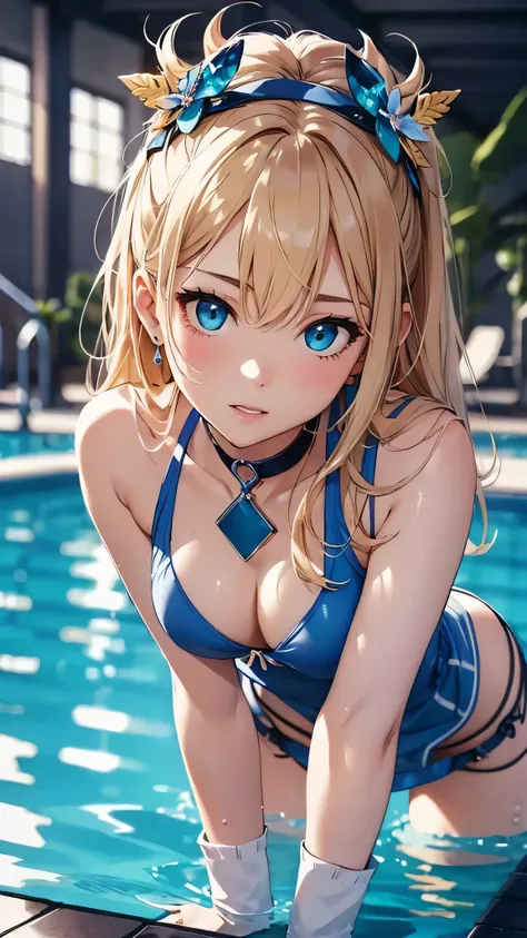 最high quality、Best image quality、masterpiece、With a girl((cute、16 years old、Best Bust、Medium Bust、Beautiful Blue Eyes、Spread your chest wide,blonde、thin、Highest Valley、Blue dress bikini,Show your whole body、Blue Mesh,Embarrassed face、shame、On all fours)）hi...