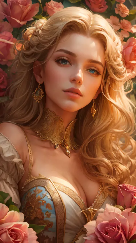 This is a realistic fantasy work of art, set in the castle&#39;s enchanted rose garden.. Generate a proud woman with a very detailed face dressed in the billowing folds of a stunning French silk ballgown. Cute face of a woman ((((very detailed, with realis...