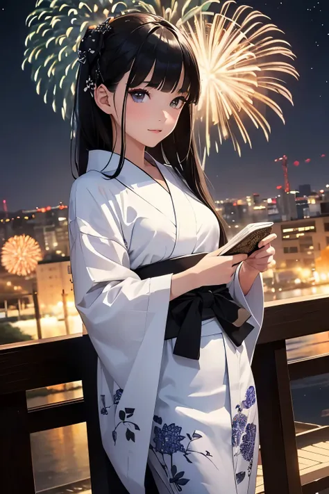 masterpiece,Highest quality,Very detailed,beautiful girl,Black Hair,A white yukata with a beautiful pattern, teenager,Perfect Face,Beautiful and detailed eyes,Beautiful Skin,skinny,Dynamic,Night Sky,firework