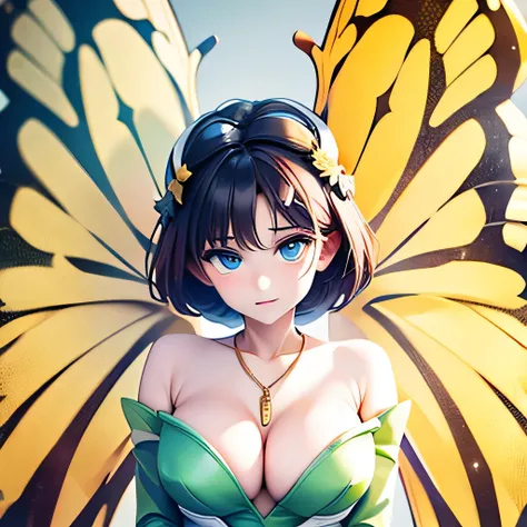  ((masterpiece,best quality,ultra-delicate,Perfect Face,16k,high resolution,very beautiful woman)),yellow butterfly wings on the head,brown medium short hair,black hair ellipse ornaments:1.2,green leotard,green long boots ,green long arm gloves, large brea...