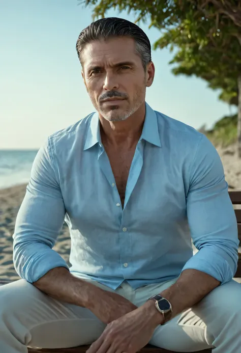 gu,a handsome man 42 years , sitting on a bench, on the beach, looking to front, detailed facial features, sharp focus, 8k, photorealistic, professional photography, dramatic lighting, cinematic composition, elegant attire, high-quality, hyperrealistic, in...