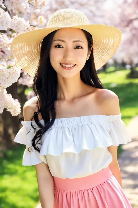 (Highest quality、Tabletop、8k、Best image quality、Hyperrealism)、Accurate anatomy、The best smile、(Close-up of face:1.1)、(White off-the-shoulder blouse with large frills:1.2)、(Elegant and cute light pink flared skirt:1.2)、Blurry park background、Blurred cherry ...