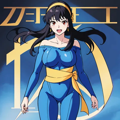 masterpiece、Highest quality、Anime Women、solo、Watching the audience、laugh at、Long Hair、Black Hair、eyelash、Red Eyes、bangs、hair band、Big Breasts、A woman with very large breasts、collarbone、Blue bodysuit、Off the shoulder、Long sleeve、Yellow sash、