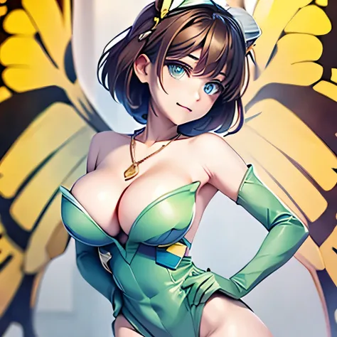  ((masterpiece,best quality,ultra-delicate,Perfect Face,16k,high resolution,very beautiful woman)),yellow butterfly wings on the head,brown medium short hair,black hair ellipse ornaments:1.2,green leotard,green long boots ,green long arm gloves, large brea...