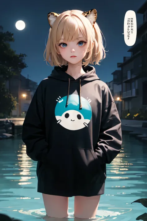 (masterpiece best quality:1.2), cute, chibi, a cool leopard, solo, wearing black hoodie, teal eyes, hands in pockets, text and e...