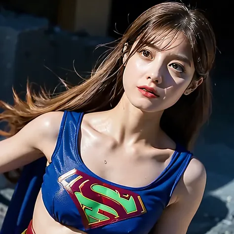 Supergirl, Beautiful Supergirl, 29 years old, Height : 152 CM, Trapped in the rubble of a building burning with hot fire, midday, supergirl tanktop costume, hair tied, hair bangs, Supergirl was sweating profusely, Supergirl had wet sweat on her chest, Supe...