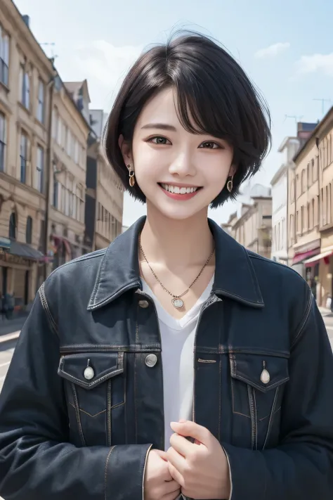 Highest quality, ,smile、Beautiful teeth alignment、Black Hair、Short Haircut、Dark eyeliner、Jacket、shirt、ear piercing、necklace,、The background is the building&#39;s corridor.