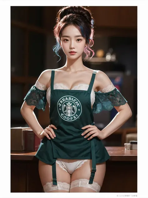 young korean female with a pear body shape and fair skin, she has a curvy larged-size chest, Cool beauty，Looks sweet，(updo, blue and pink hair), only wearing dark green starbucks apron, off-shoulders with lace strapless bra, white lace-trimmed underwear, s...