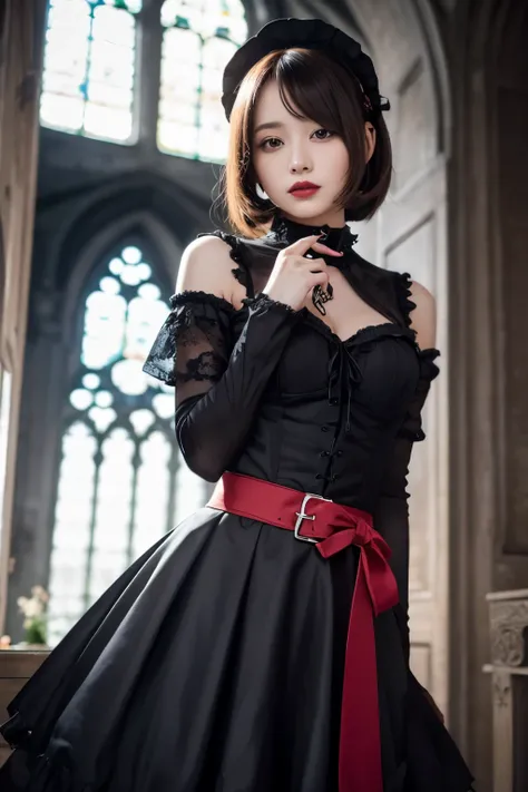 In the image、There is a female character wearing a dark, gothic Lolita outfit.。She bends one leg a little、She strikes a confident pose、In her left hand she holds a bouquet of flowers with a red ribbon.。The character has long silver hair with black streaks....