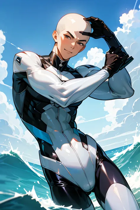 Handsome Japanese male models 　Black Hair　　Short cut　Shaved head　　　Slim figure　　　smile　looking at the camera　　　　soaked　Ocean　Shiny white and silver suit　　Shiny silver latex suit　Compression Suit　　Mega bulge 　　　Bright blue sky　　up　　dynamic pose 　　 Upper bod...