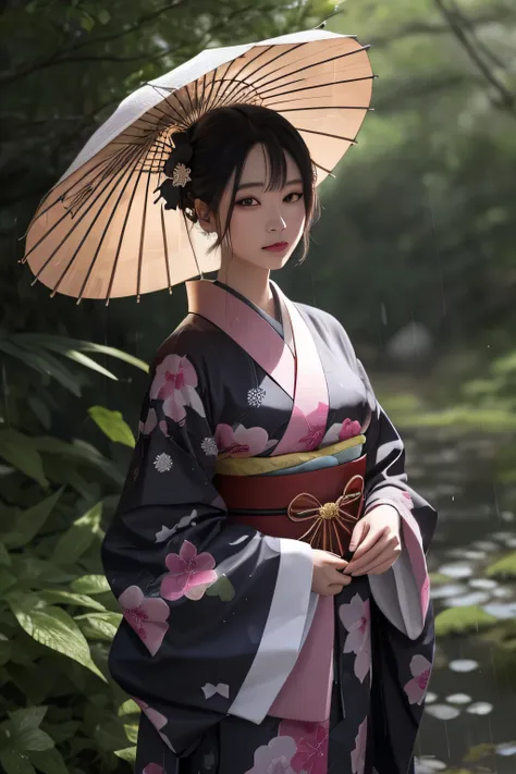 a beautiful woman in a seductive kimono standing in a forest on a rainy day、hollow eyes、half naked、narrow face、narrow eyes、