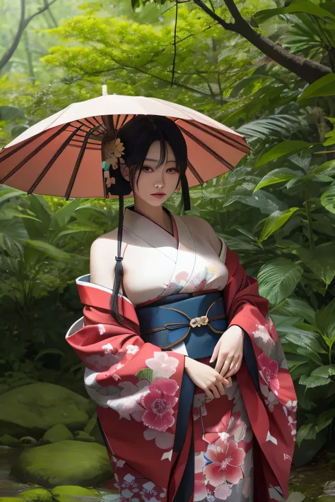 a beautiful woman in a seductive kimono standing in a forest on a rainy day、hollow eyes、half naked、narrow face、narrow eyes、