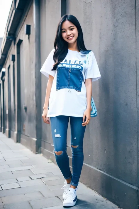 19 years old, girl, white t-shirt, sky blue jeans jacket, black skinny jeans, black hair, indonesian girl, smile, with sneaker, street, standing, photorealistic, 8k, enjoying, perspective, loveable