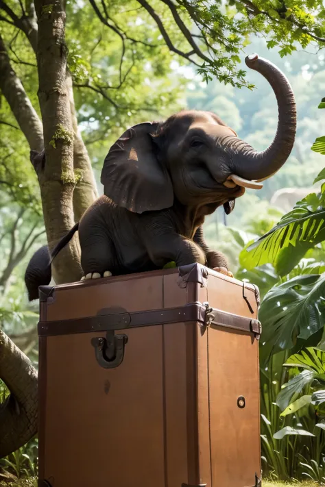 1.1, A Rare Sight: S2, An Elephant,((perched:1.3)), on a Tree,((surreal:1.2)), High-resolution, Detailed,((Trunk:1.1)), curled around a branch,((Eyes wide with surprise:1.2)), Lush green forest behind,((Birds chirping in the background:1.1)), Unbelievable ...