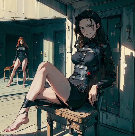 ((( masterpiece ))) ((( background : evil hideout : high-tech equipment : I have a really creepy room. : two guards ))) ((( personality : Rebecca : fit your body : long smart hair : Close-fitting black spy suit : tied to a chair : captured : Serious : Hand...