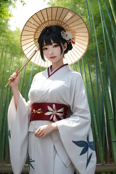 A beautiful Japanese woman standing in a bamboo grove on a rainy day、Hollow Eyes、Narrow face、Narrow eyes、Be elegant、Take off your kimono and go naked