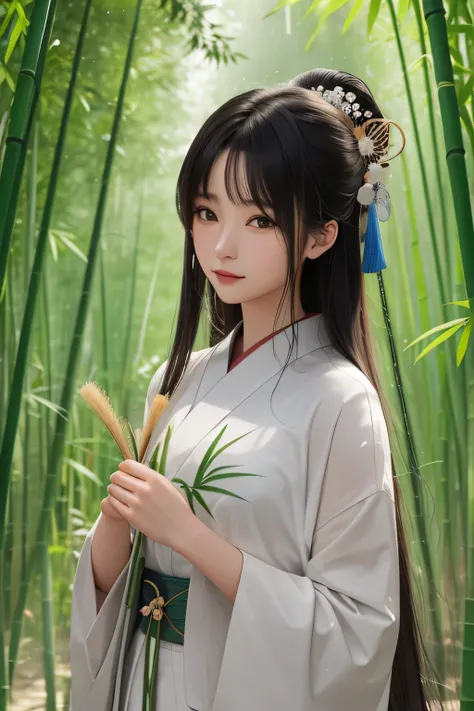 A beautiful Japanese woman standing in a bamboo grove on a rainy day、Hollow Eyes、Narrow face、Narrow eyes、Be elegant、Take off your clothes and become completely naked