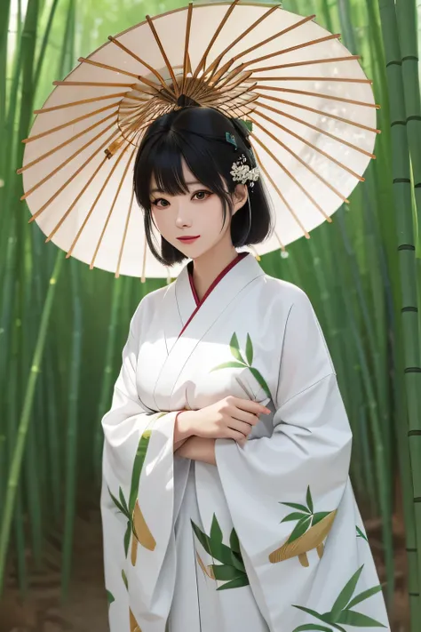 A beautiful Japanese woman standing in a bamboo grove on a rainy day、Hollow Eyes、Narrow face、Narrow eyes、Be elegant、NUDE,