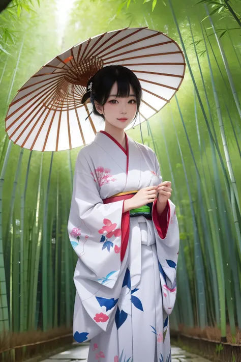 A beautiful Japanese woman standing in a bamboo grove on a rainy day、Hollow Eyes、Narrow face、Narrow eyes、Be elegant、Naked and wearing a kimono