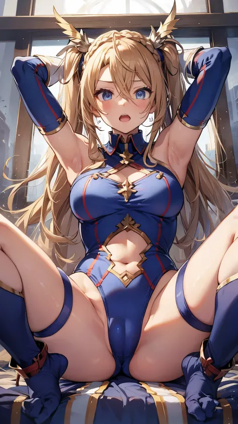 bradamante, blonde hair, blue eyes, braid, french braid, long hair, twintails, two side up,
covered navel, elbow gloves, gloves, leotard, thigh strap,dynamic angle, (upper body:1.3),open mouth, embarrassed ,blush,(spread legs:1.3),(legs up),spread armpit, ...