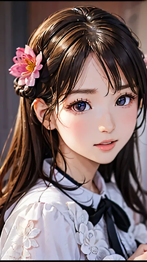 (Detailed lips), (Colorful), (Studio Lighting), (Sharp focus), (Bokeh), (Contrast), (khd:1.2), (Elegant hairstyle), (grace), (like々new), (Big eyes are shining brightly), (Shine), (Calm), (Shine), (dream-like), (dynamic), (nice), (とても美しいnew服, Delicate flora...