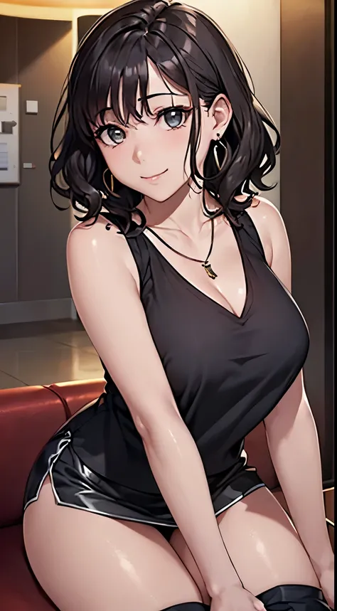 (Tabletop, Highest quality, High resolution, , Pixel perfect, 4K,), 1 girl, single, alone, Beautiful woman、The whole body is visible、 ((Soft wavy short hair、Ash-toned shiny hair)), ((Gray Eyes, Beautiful eyelashes, Realistic eyes)), ((Detailed face, blush:...