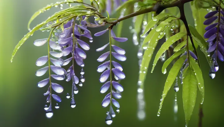 the spring sun shining brightly on the wet grass, the wisteria droops slightly as if shedding the tears of march., reflective pe...