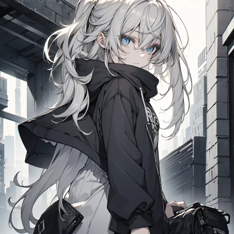 faded tones, monochrome, cool guy, long bangs, hipster girl, skinny girl, grey hair, upper chest shot, monochrome, black, hoodie...