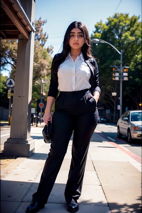 pinhole photography photo of violetmyers, (wearing slacks:1.3),  bus stop, upper body, rim lighting, eye level,