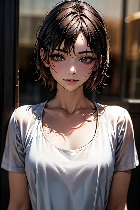 Highest quality, Ultra-high resolution, (Realistic: 1.4), beautiful Eyes, Super beautiful, Very short hair, beautiful, spouse, Rough Chest T-shirt, beautiful Soldier, Eyes that beckon, The spouse&#39;s perspective, Attractive look, Sexy smile, Perfect Styl...