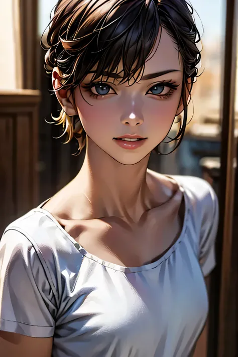 Highest quality, Ultra-high resolution, (Realistic: 1.4), beautiful Eyes, Super beautiful, Very short hair, beautiful, spouse, Rough Chest T-shirt, beautiful Soldier, Eyes that beckon, The spouse&#39;s perspective, Attractive look, Sexy smile, Perfect Styl...