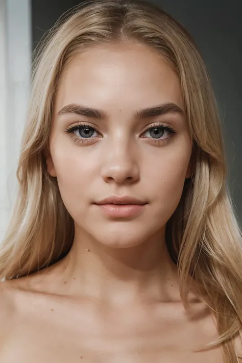 generate me the face of the most beautiful woman in the world, young, gray eyes, well defined eyebrows, full lips, blonde and light hair, German, white and soft skin, detailed and with high performance, {{white illumination to the face}}.