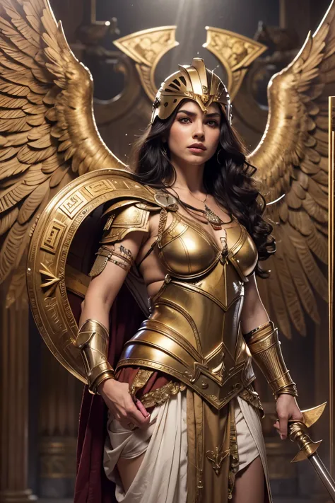 Goddess of war and wisdom, with ((black hair)) and ((gray eyes)), is fair-skinned, is tall and musclar, ((wears golden breastplate armor)), ((puts on an ancient greek helmet)), armed with a spear and a shield, looks brave and proud, battle stance, ready fo...