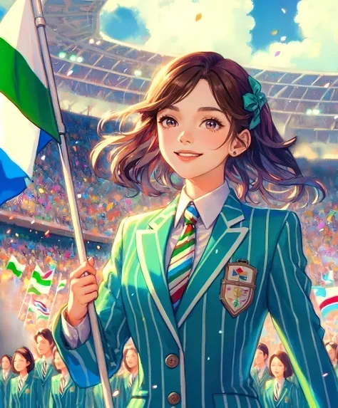 1lady walking slowly, (holding pole of large flag), (suit jacket with vibrant colors) (chic and innovative attire), (mature female:0.8), /(dark reddish-brown hair/) bangs, brightly smile, (teeth:0.8), (masterpiece best quality:1.2) delicate illustration ul...