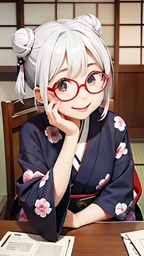 Cute old woman、60-year-old woman、One Woman、kimono、Kappo、White Hair、Japanese anime、comical、4 heads、Bun Hair、Round face、Round Glasses、Sit at a desk、front、fortune teller、Astrology、Smiling face、