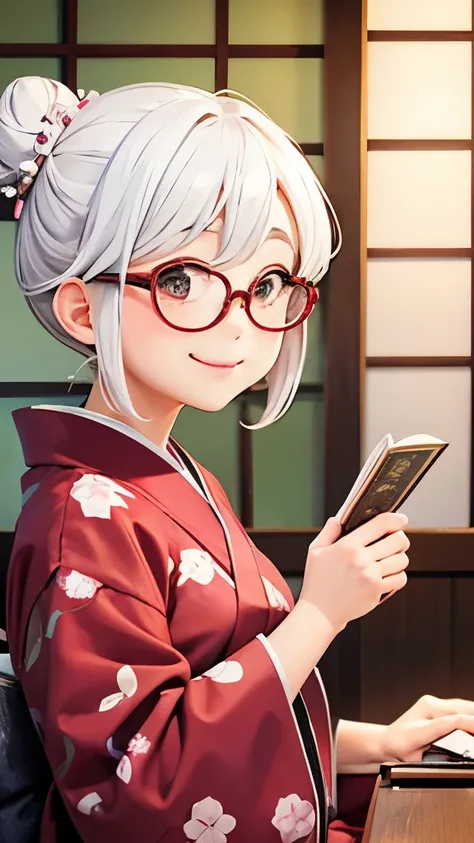 Cute old woman、60-year-old woman、One Woman、kimono、Kappo、White Hair、Japanese anime、comical、4 heads、Bun Hair、Round face、Round Glasses、Sit at a desk、front、fortune teller、Astrology、Smiling face、